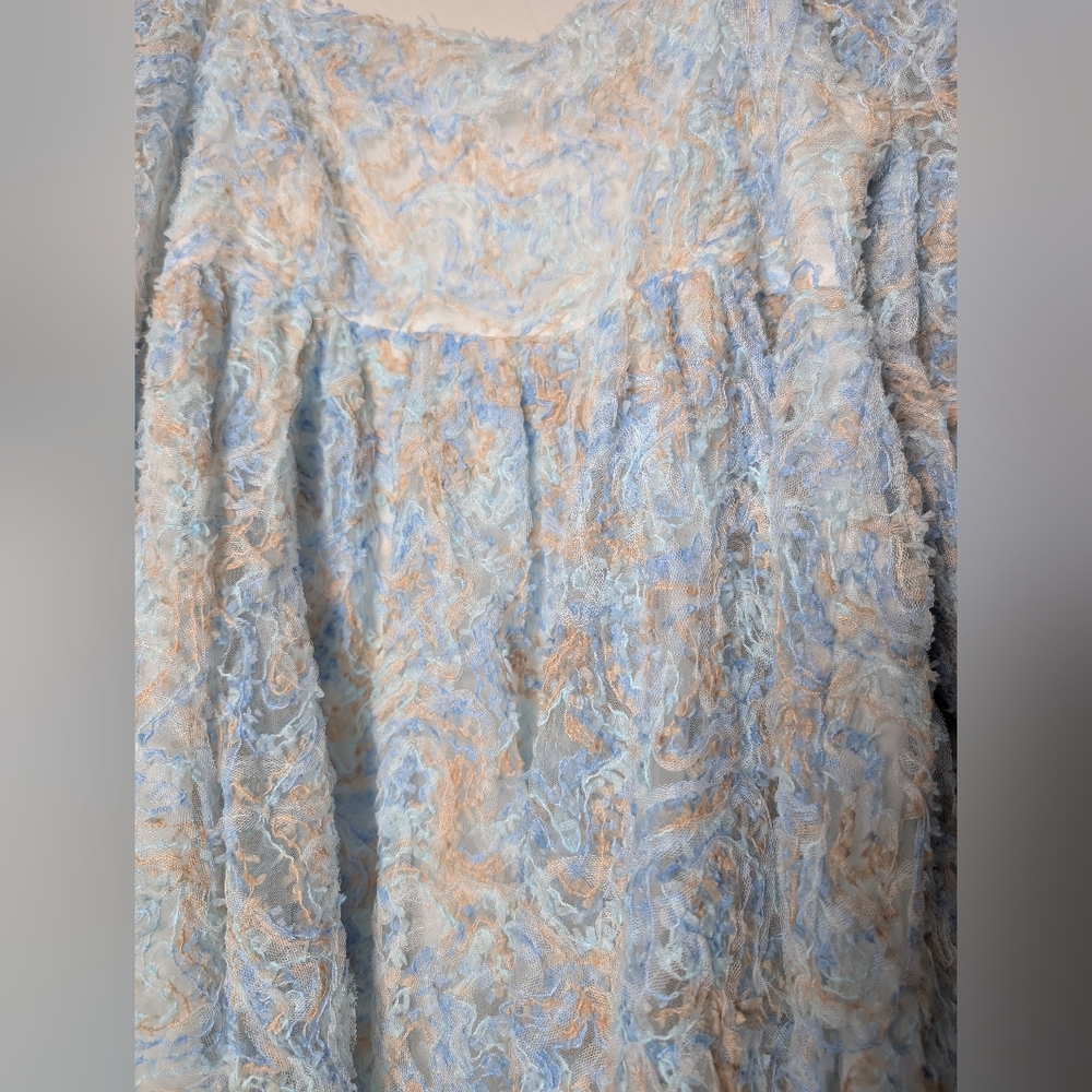 Storia Babydoll Dress Blue Tan Lacey Puff Sleeve Ruffle Square Neck Cottage Core - Picture 10 of 10